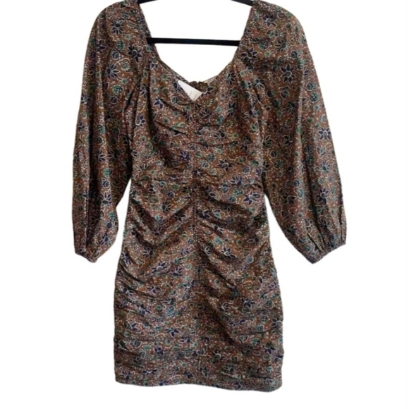 Veronica Beard Size 12 Nadi Mini Dress Puff Sleeve Ruched Cinnamon Multi Brown - Picture 7 of 11